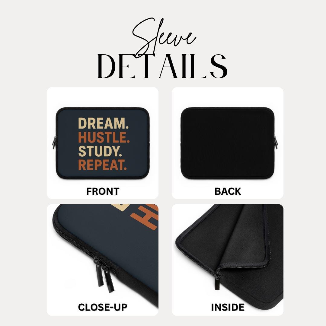 Dream Hustle Study Repeat Laptop Sleeve Motivational Student Laptop Sleeve for School College & Entrepreneurs Back to School Gift Laptop Bag