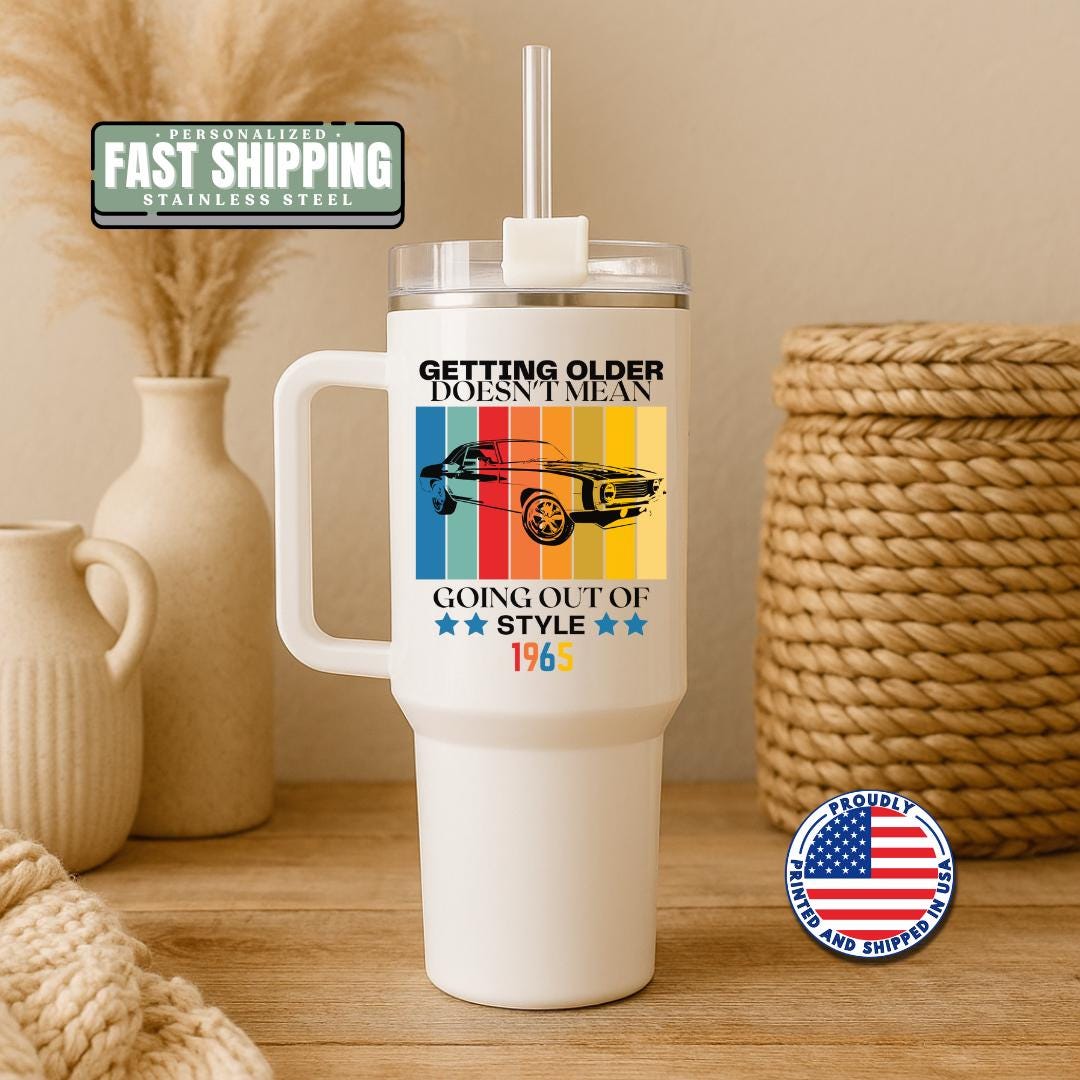 Personalized Classic Car 40oz Tumbler with Handle & Straw Custom Year Travel Mug Retro Muscle Car Birthday Gift for Dad, Grandpa, Husband