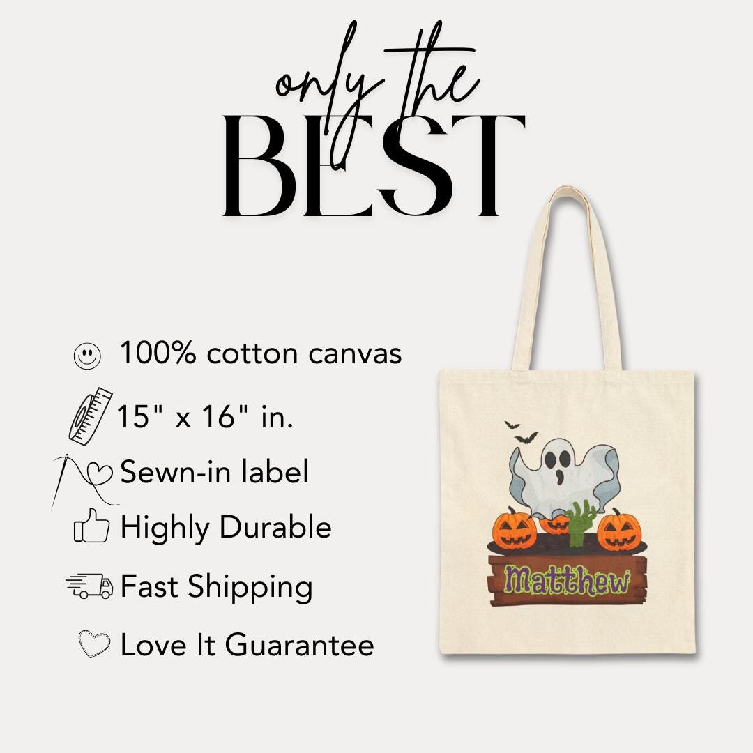 Personalized Spooky Halloween Cotton Canvas Tote Bag with Ghost and Pumpkins Custom Name Trick-or-Treat Bag Spooky & Fun Halloween Essential