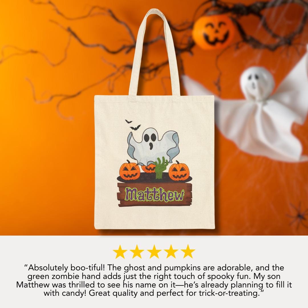Personalized Spooky Halloween Cotton Canvas Tote Bag with Ghost and Pumpkins Custom Name Trick-or-Treat Bag Spooky & Fun Halloween Essential