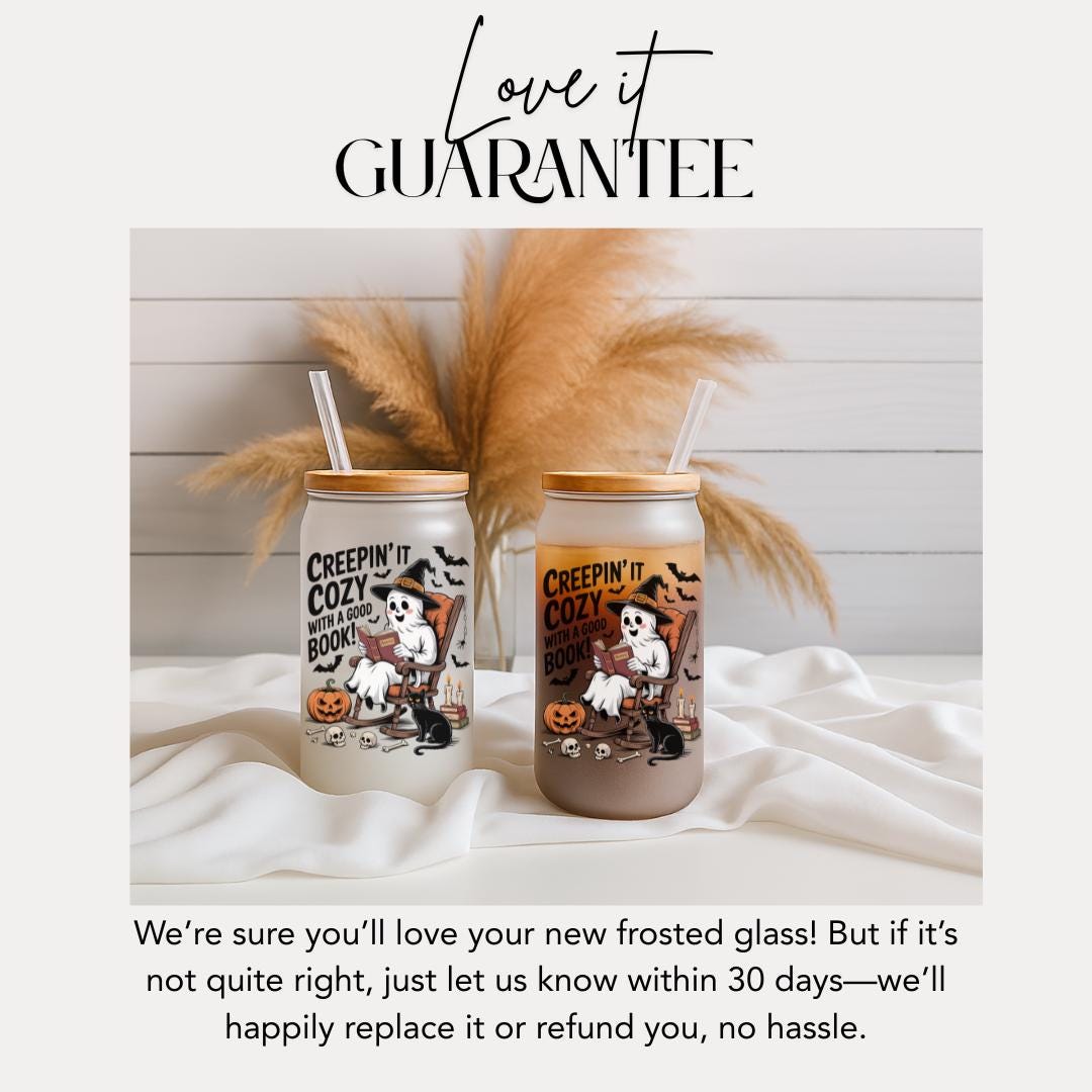 Creepinβ It Cozy Ghost Halloween Frosted Glass Cup 16oz Fall Frosted Glass Tumbler with Bamboo Lid & Straw Halloween Gift for Book Lovers