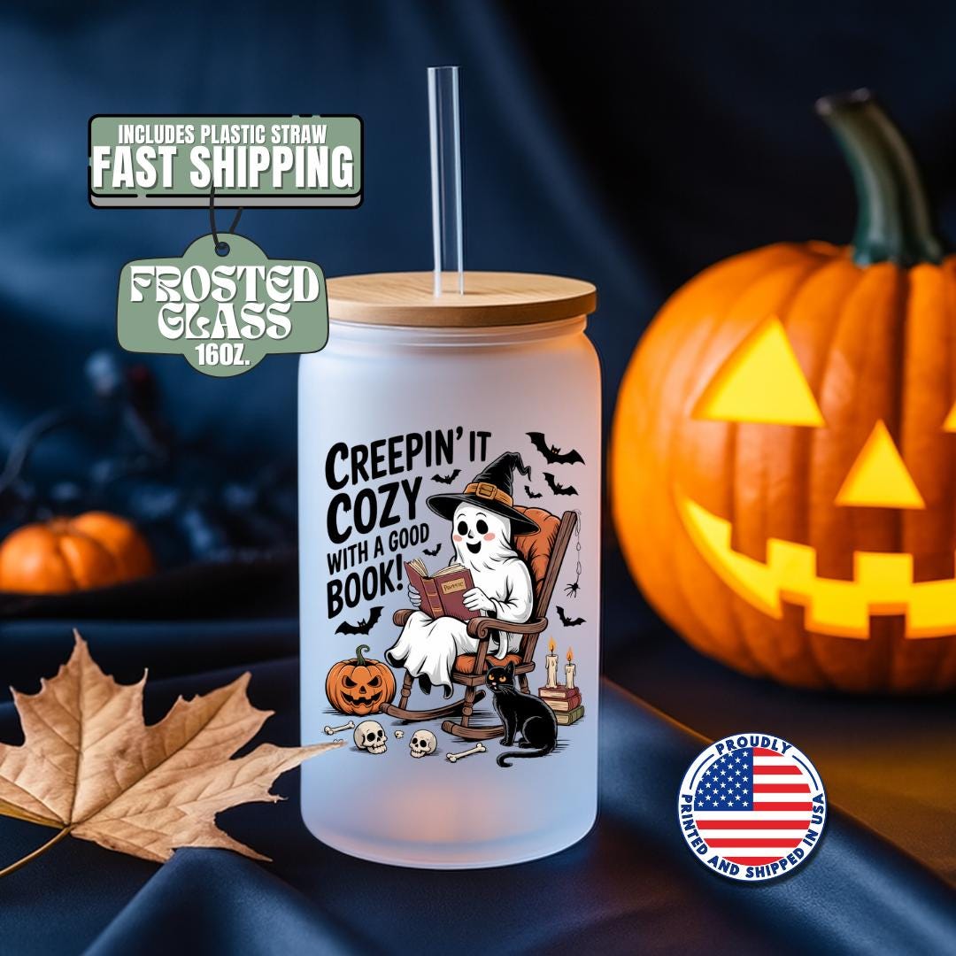 Creepinβ It Cozy Ghost Halloween Frosted Glass Cup 16oz Fall Frosted Glass Tumbler with Bamboo Lid & Straw Halloween Gift for Book Lovers