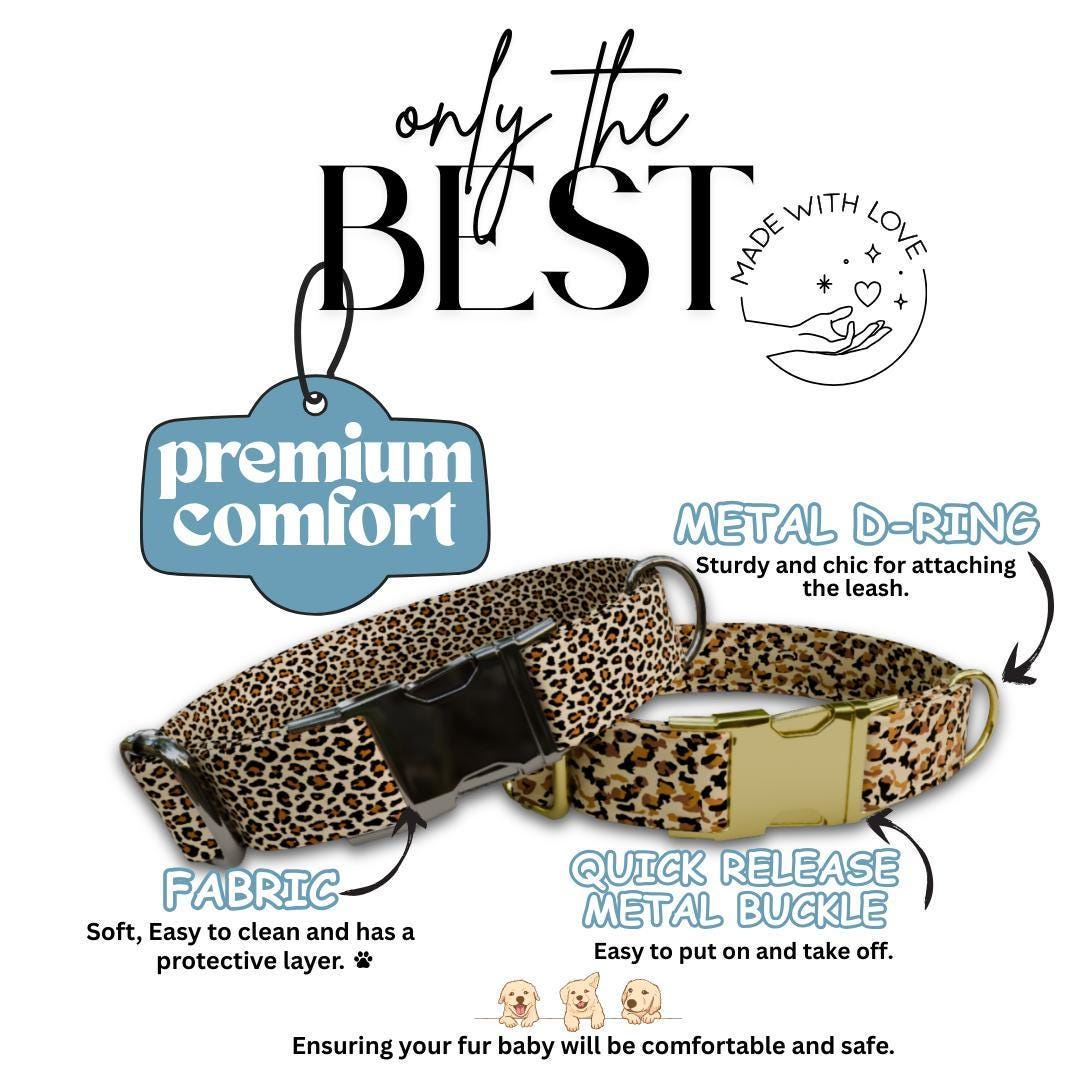 Personalized Leopard Dog Collar with Name Engraved Cute and Soft Animal Adjustable Collar & Leash Set Black or Gold Buckle Dog Gift (OG-101)