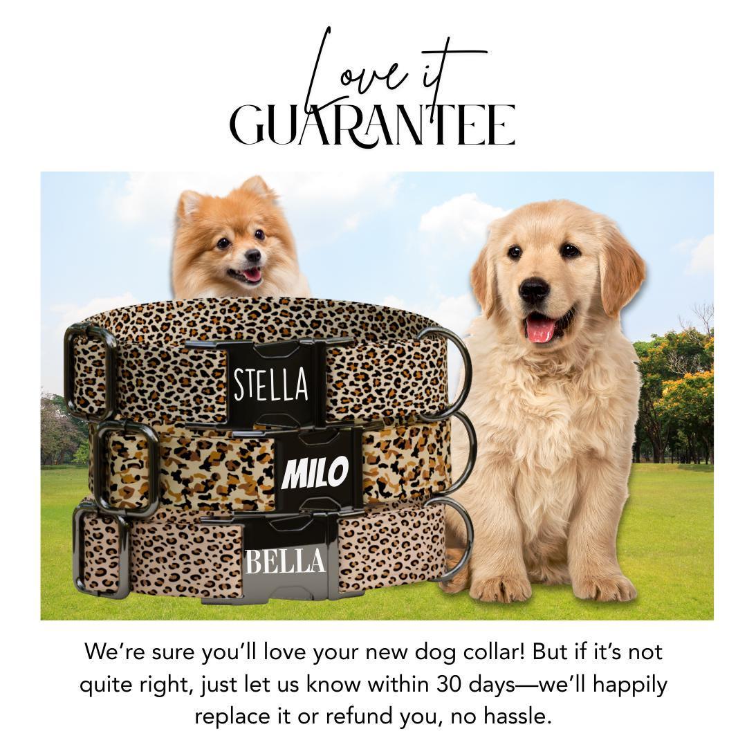 Personalized Leopard Dog Collar with Name Engraved Cute and Soft Animal Adjustable Collar & Leash Set Black or Gold Buckle Dog Gift (OG-101)