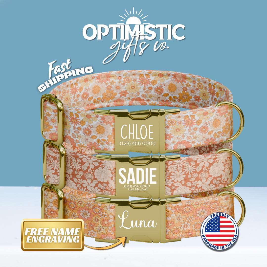 Personalized Orange Floral Dog Collar with Name Engraved Cute and Soft Adjustable Collar & Leash Set, Black or Gold Buckle, Dog Gift (OG-08)