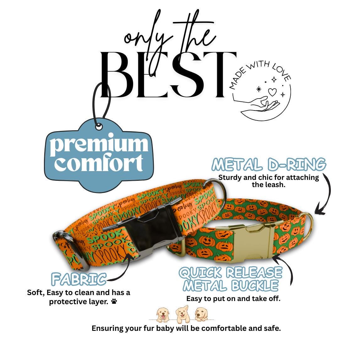 Personalized Halloween Dog Collar with Name Engraved Cute and Soft Fall Adjustable Collar & Leash Set Black or Gold Buckle Dog Gift (OG-144)