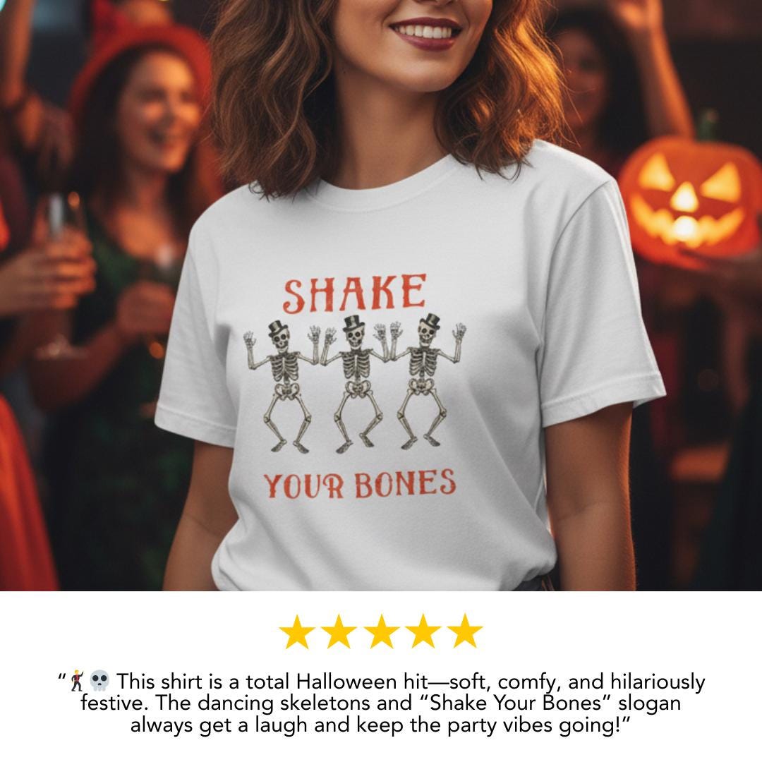 Shake Your Bones Skeleton Halloween T-Shirt Comfort Colors Funny Spooky Season Graphic Tee Fall Outfit Vibes Retro Skeleton Dancing Shirt