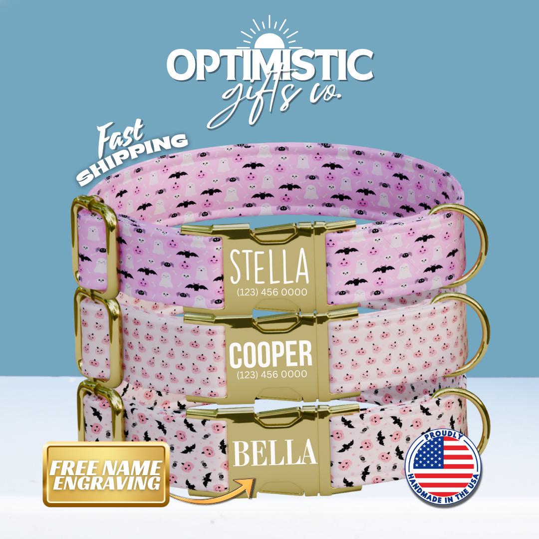 Personalized Halloween Dog Collar with Name Engraved, Cute and Soft Adjustable Pink Collar & Leash Set Black or Gold Buckle Dog Gift (OG-32)