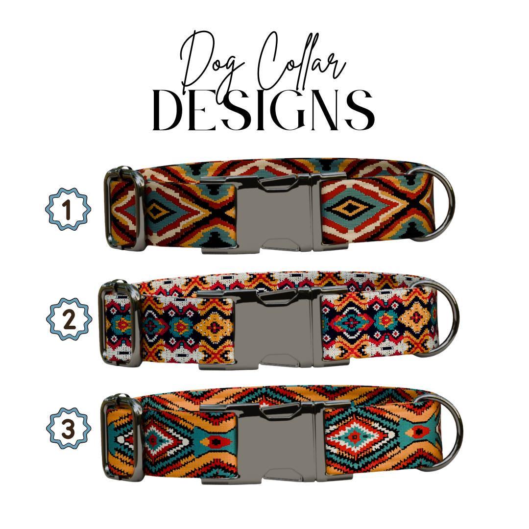 Personalized Southwestern Dog Collar with Name Engraved, Cute and Soft Adjustable Collar & Leash Set, Black or Gold Buckle Dog Gift (OG-43)