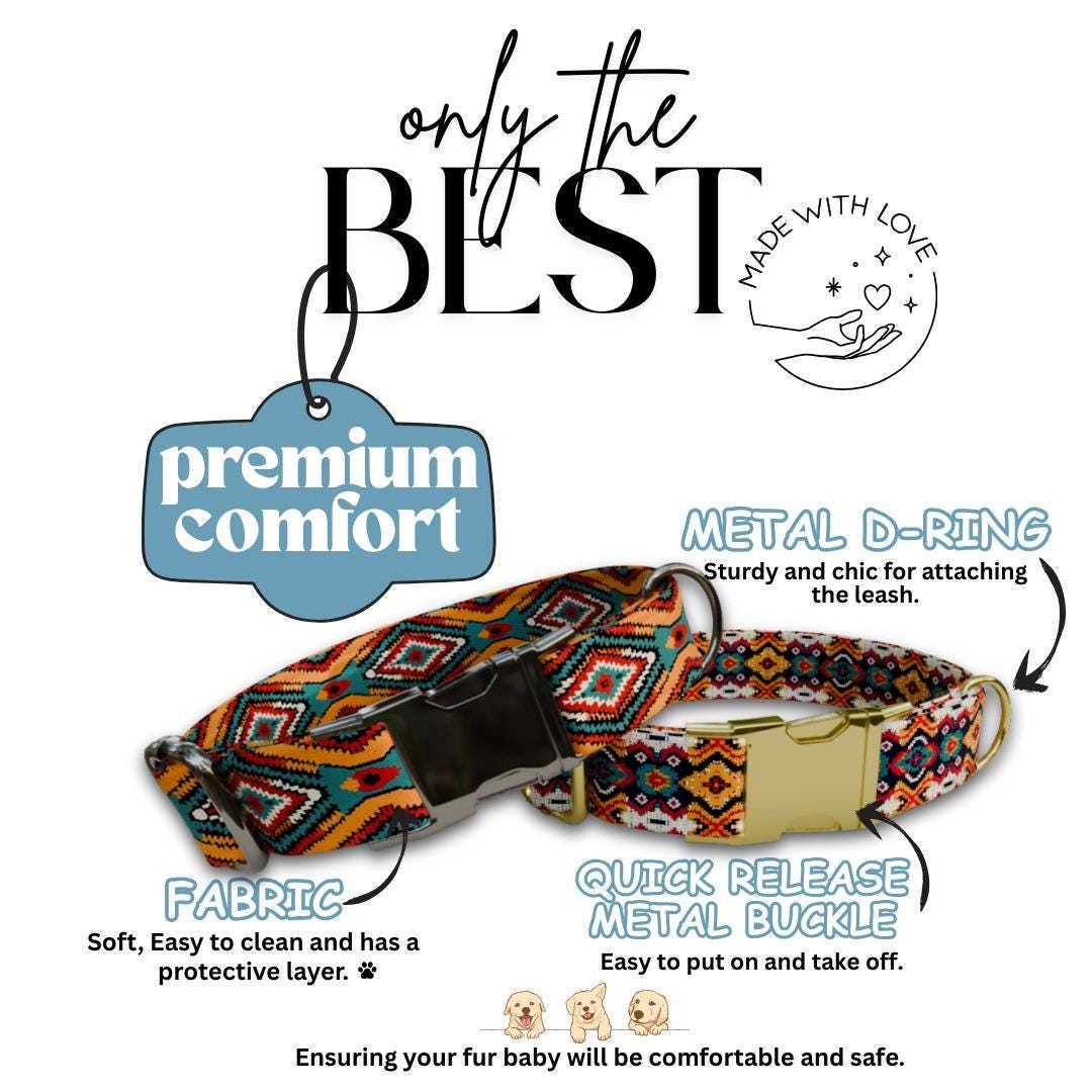 Personalized Southwestern Dog Collar with Name Engraved, Cute and Soft Adjustable Collar & Leash Set, Black or Gold Buckle Dog Gift (OG-43)