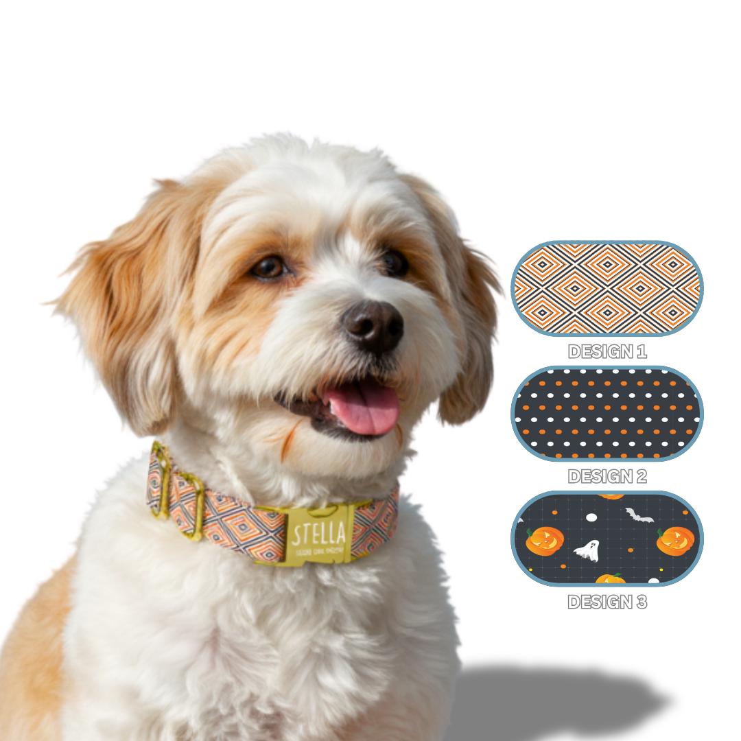 Personalized Spooky Pup Halloween Dog Collar with Name Engraved Cute and Soft Adjustable Collar & Leash Set, Pet ID Tag Dog Gift (OG-141)
