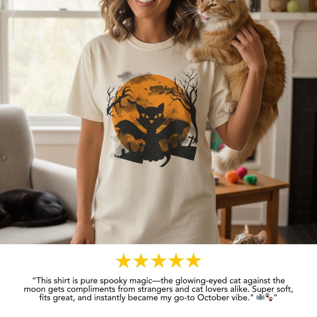 Spooky Cat Bat Halloween T-Shirt Comfort Colors Soft Cozy Fall Outfit Gift for Cat Lover Spooky Moon Fall Clothing Trick or Treat Shirt Gift