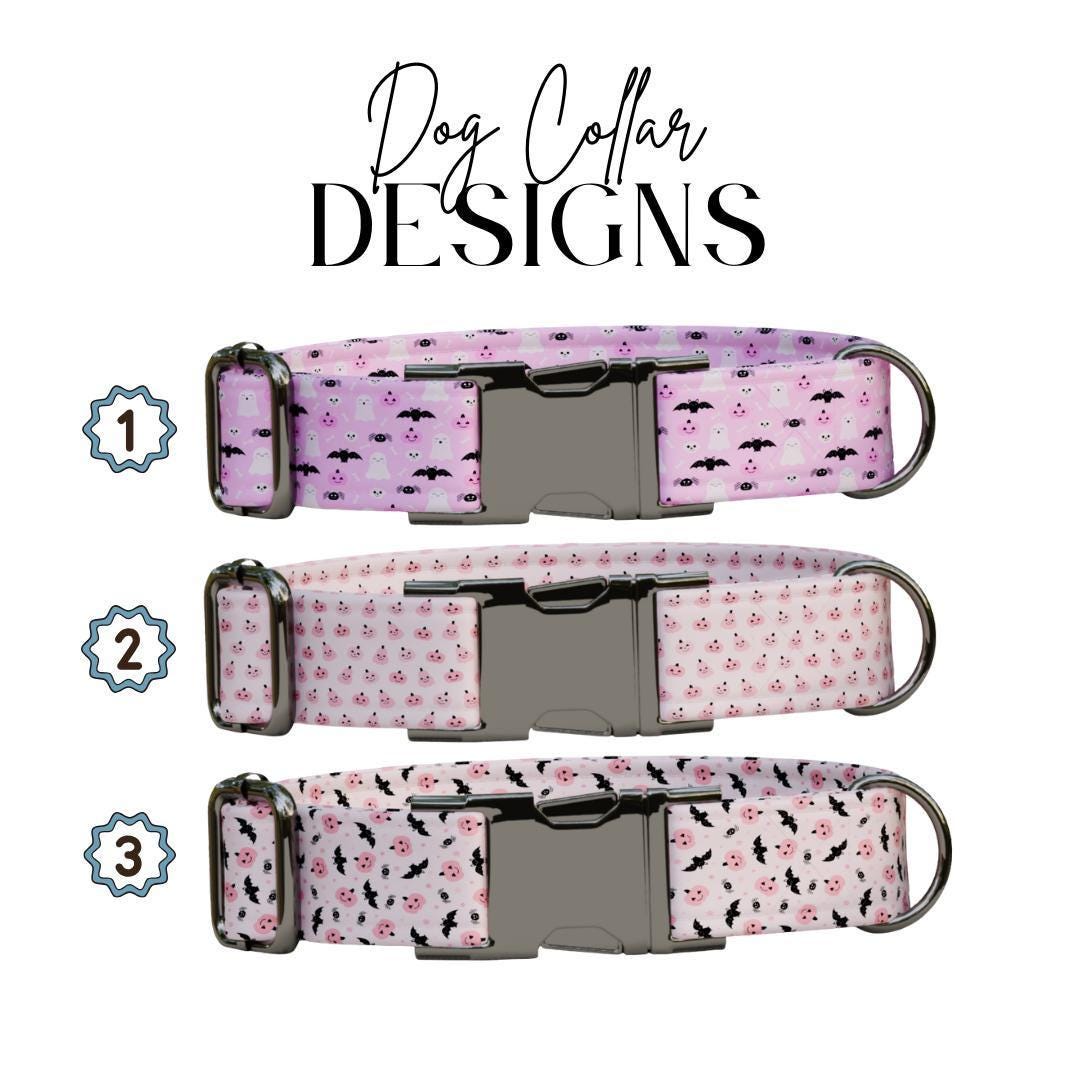 Personalized Halloween Dog Collar with Name Engraved, Cute and Soft Adjustable Pink Collar & Leash Set Black or Gold Buckle Dog Gift (OG-32)