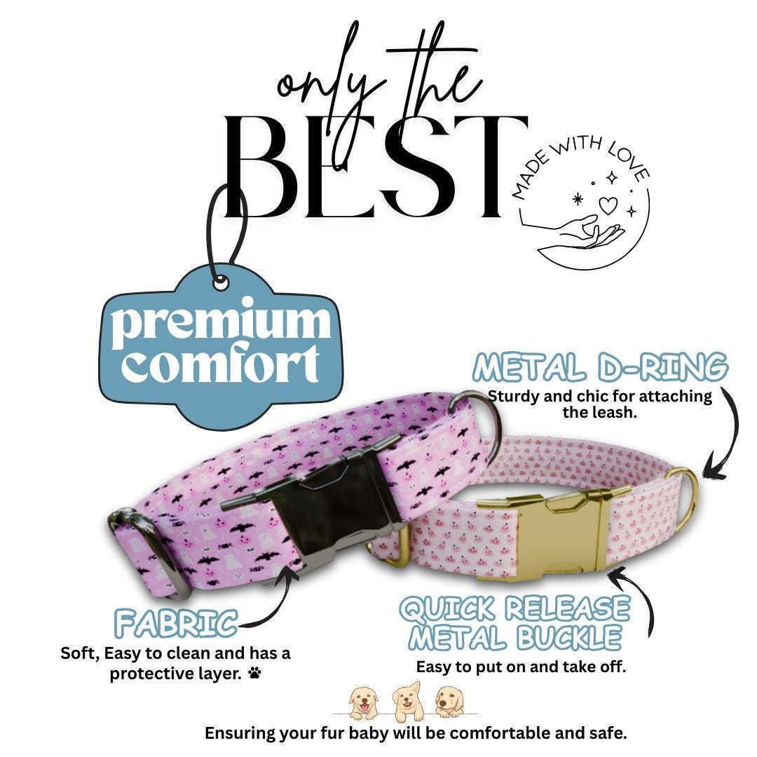 Personalized Halloween Dog Collar with Name Engraved, Cute and Soft Adjustable Pink Collar & Leash Set Black or Gold Buckle Dog Gift (OG-32)