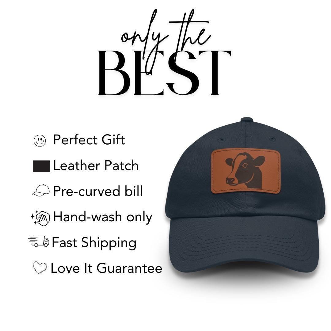 Cow with Stylish Leather Patch (Rectangle) Everyday Baseball Cap Classic Gift for Him, Her, Rustic Farm Style Gift & Outdoor Country Cow Hat
