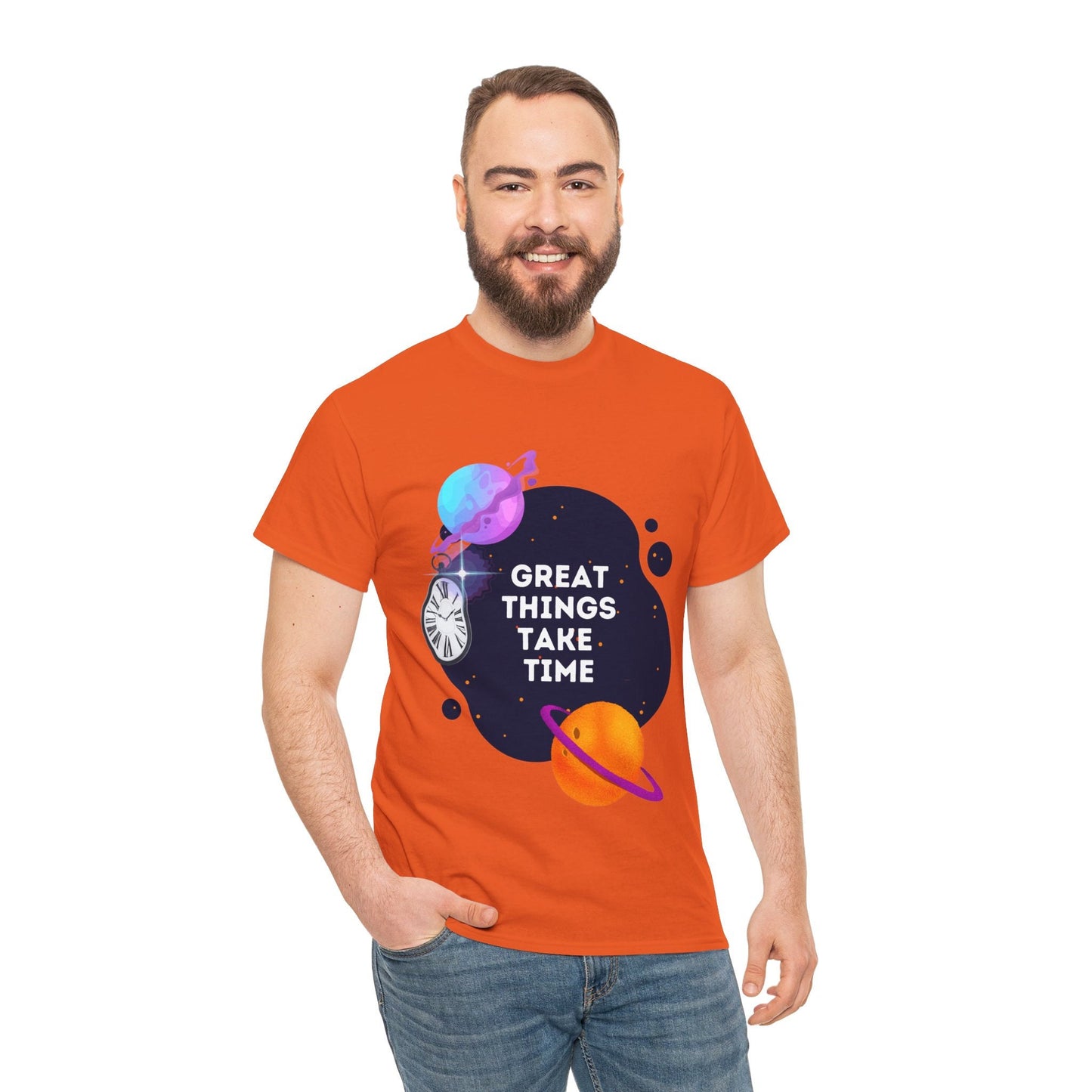 Great Things Take Time T-Shirt | Inspirational Quote Tee | Planetary Time Graphic Shirt | Motivational Apparel for Optimistic  Dreamers