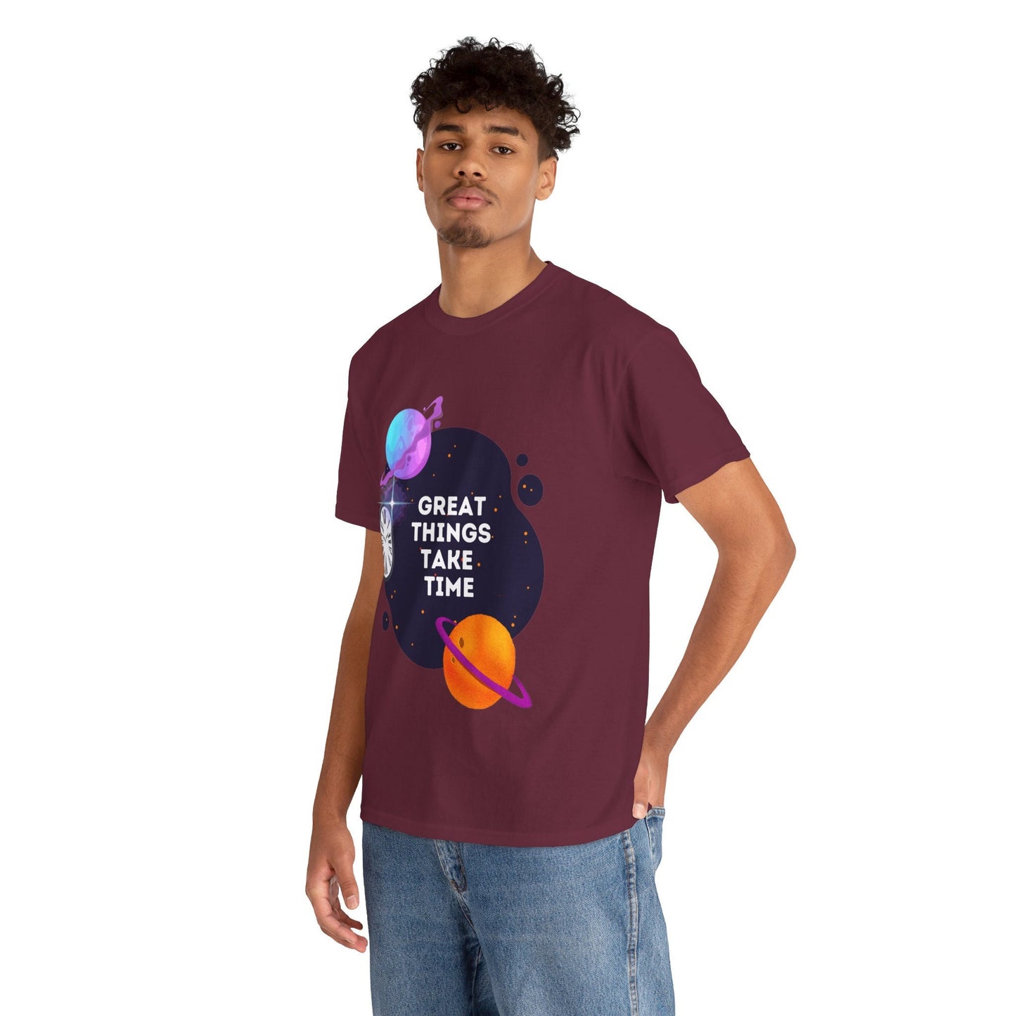 Great Things Take Time T-Shirt | Inspirational Quote Tee | Planetary Time Graphic Shirt | Motivational Apparel for Optimistic  Dreamers