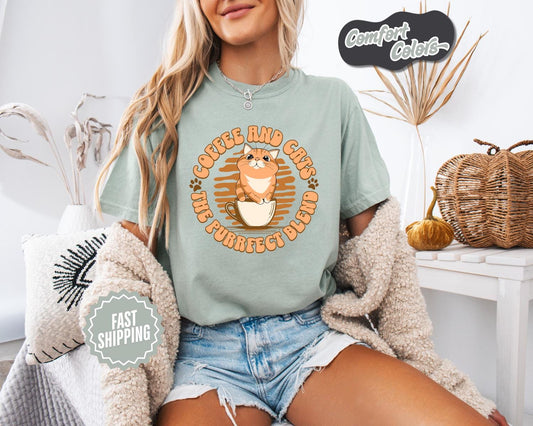 Coffee and Cats T-Shirt, Comfort Colors, Cozy Gift for Cat Lovers, Cute Coffee Lover Shirt, Gift for Pet Owners, Everyday Casual Wear