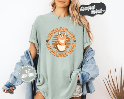 Coffee and Cats T-Shirt, Comfort Colors, Cozy Gift for Cat Lovers, Cute Coffee Lover Shirt, Gift for Pet Owners, Everyday Casual Wear