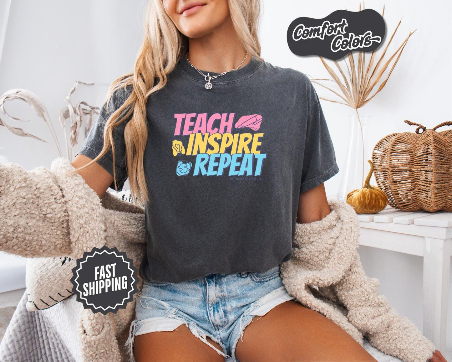 Teach Inspire Repeat T-Shirt, Comfort Colors, Cute Teacher Shirt, Teacher Gift, Teacher Appreciation Gift, Teacher Tees, Casual Wear