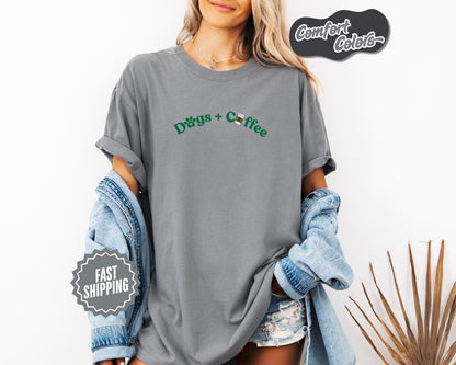 Dogs + Coffee T-Shirt, Comfort Colors, Aesthetic Graphic Tee, Pet Lover Gift, Dog Shirt, Dog Lover, Coffee Lover, Everyday Casual Wear