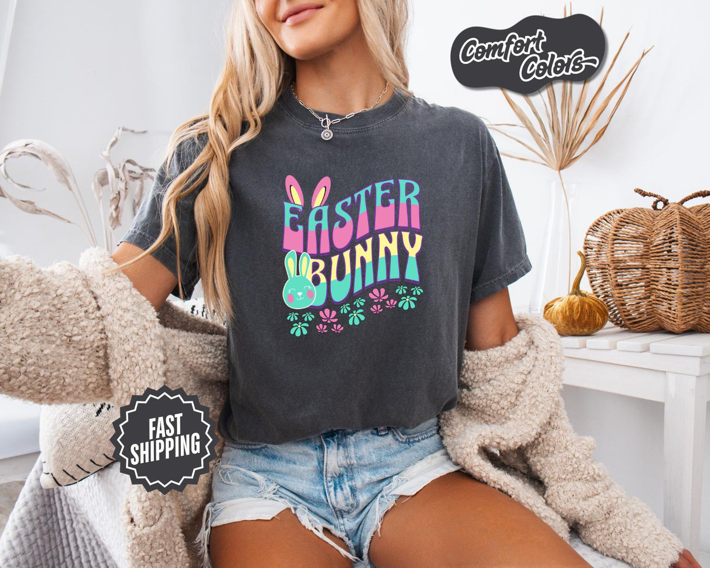 Retro Easter Bunny T-Shirt, Comfort Colors, Cute Spring Tee Adults, Cute Pastel Spring Holiday Tee, Easter Bunny Tee, Casual Wear