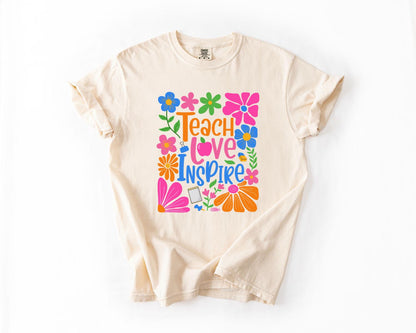 Floral Teacher T-Shirt, Teach Love Inspire Floral Teacher Shirt, Gift for Educators, Teacher Apparel, Teacher Appreciation Gift Casual Wear