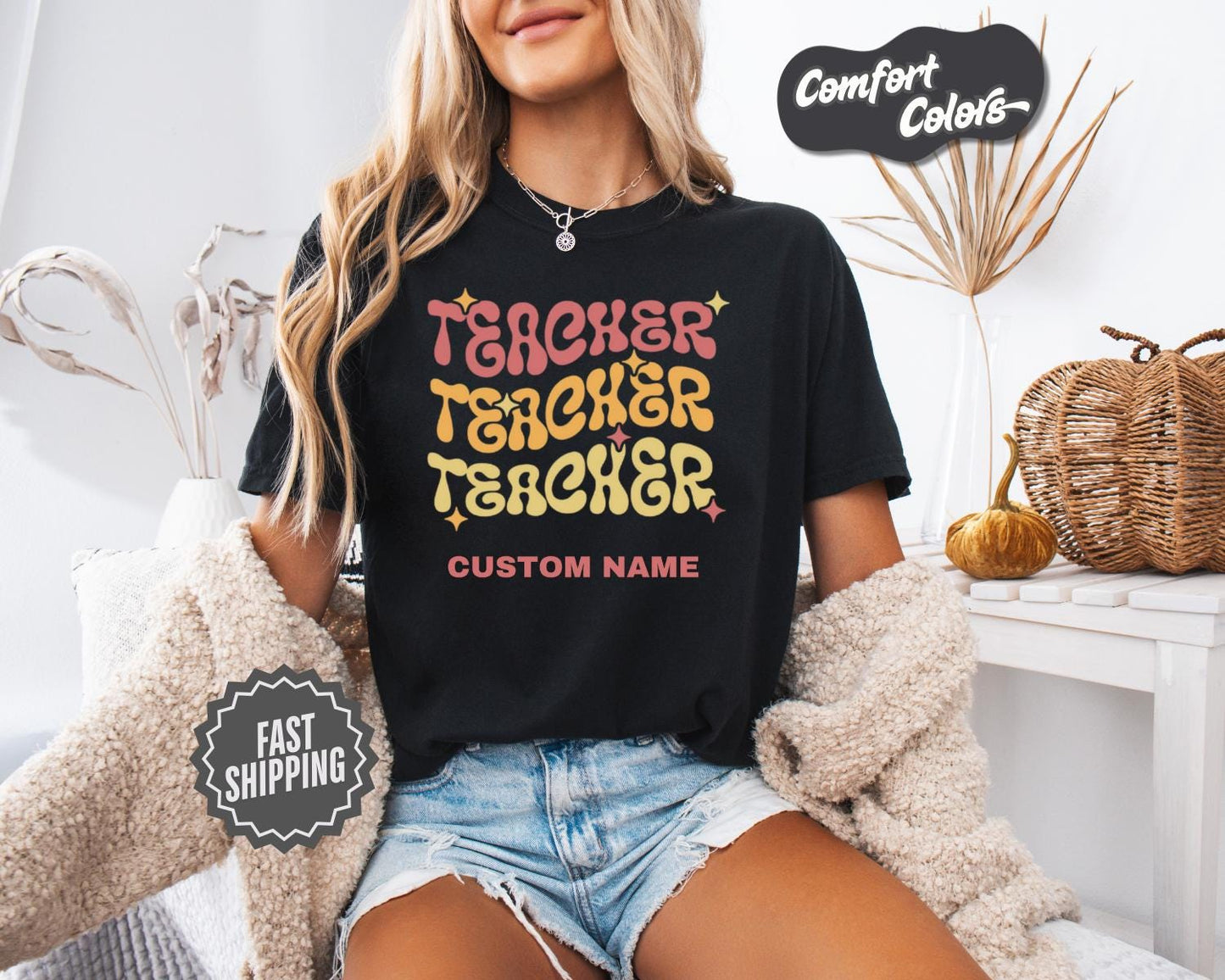 Custom Teacher T-Shirt, Comfort Colors, Retro Groovy Teacher Shirt, Gift for Teacher Appreciation, Birthday, Summer, Everyday Casual Wear