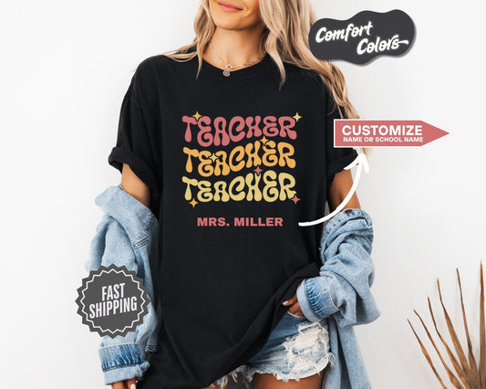 Custom Teacher T-Shirt, Comfort Colors, Retro Groovy Teacher Shirt, Gift for Teacher Appreciation, Birthday, Summer, Everyday Casual Wear