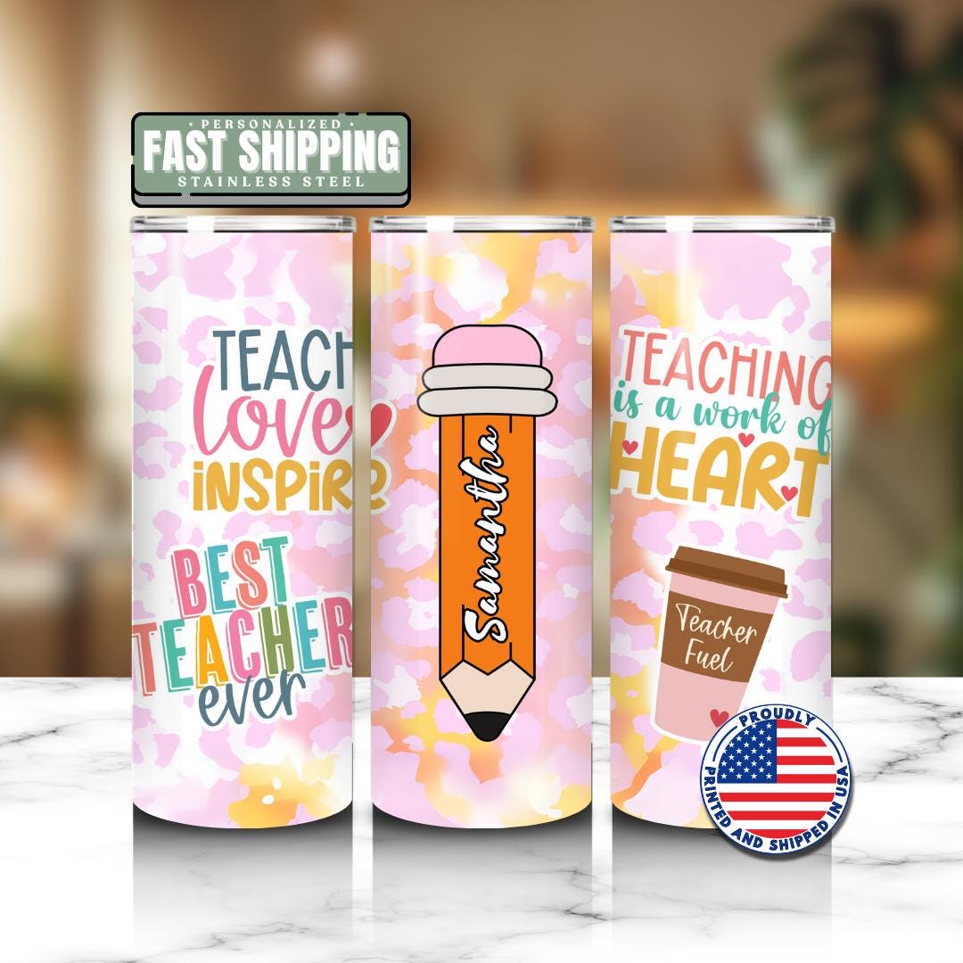 Personalized Teacher 20oz Skinny Tumbler with Straw Pencil Fuel Design Teacher Gifts for Appreciation Week Teacher Tumbler Back to School