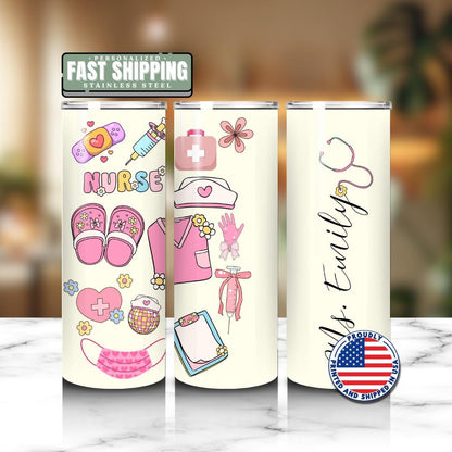 Personalized Nurse 20 oz Skinny Tumbler with Straw Custom Name Nurse Tumbler Cute Nurse Appreciation Gift for Nurse Tumbler Coffee Mug