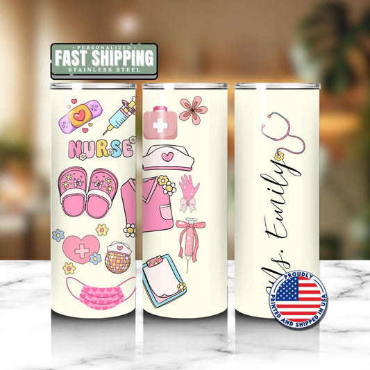 Personalized Nurse 20 oz Skinny Tumbler with Straw Custom Name Nurse Tumbler Cute Nurse Appreciation Gift for Nurse Tumbler Coffee Mug