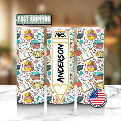 Personalized Teacher 20 oz Skinny Tumbler with Straw Pencil Design Teacher Gifts for Appreciation Week Teacher Tumbler Back to School Mug