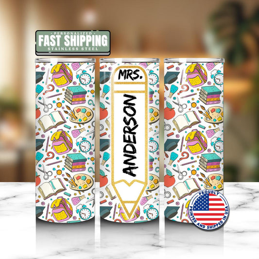 Personalized Teacher 20 oz Skinny Tumbler with Straw Pencil Design Teacher Gifts for Appreciation Week Teacher Tumbler Back to School Mug