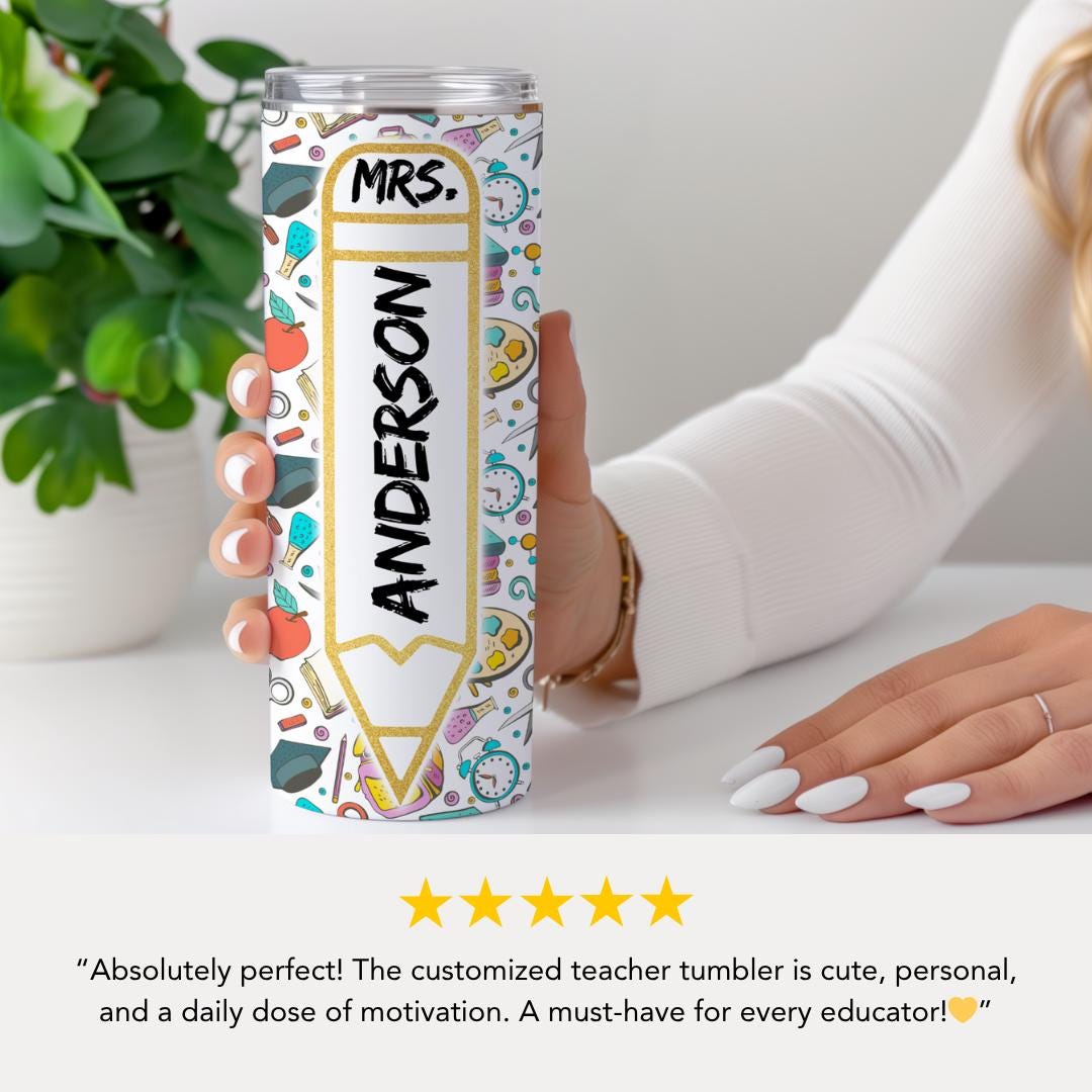 Personalized Teacher 20 oz Skinny Tumbler with Straw Pencil Design Teacher Gifts for Appreciation Week Teacher Tumbler Back to School Mug