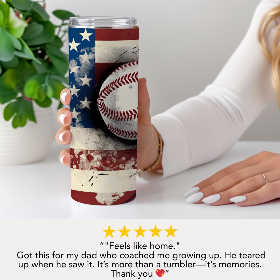 US Baseball American Flag Tumbler 20oz Skinny Tumbler Patriotic Sports Gift for Baseball Fan Coaches Dads or Moms Patriotic Baseball Tumbler