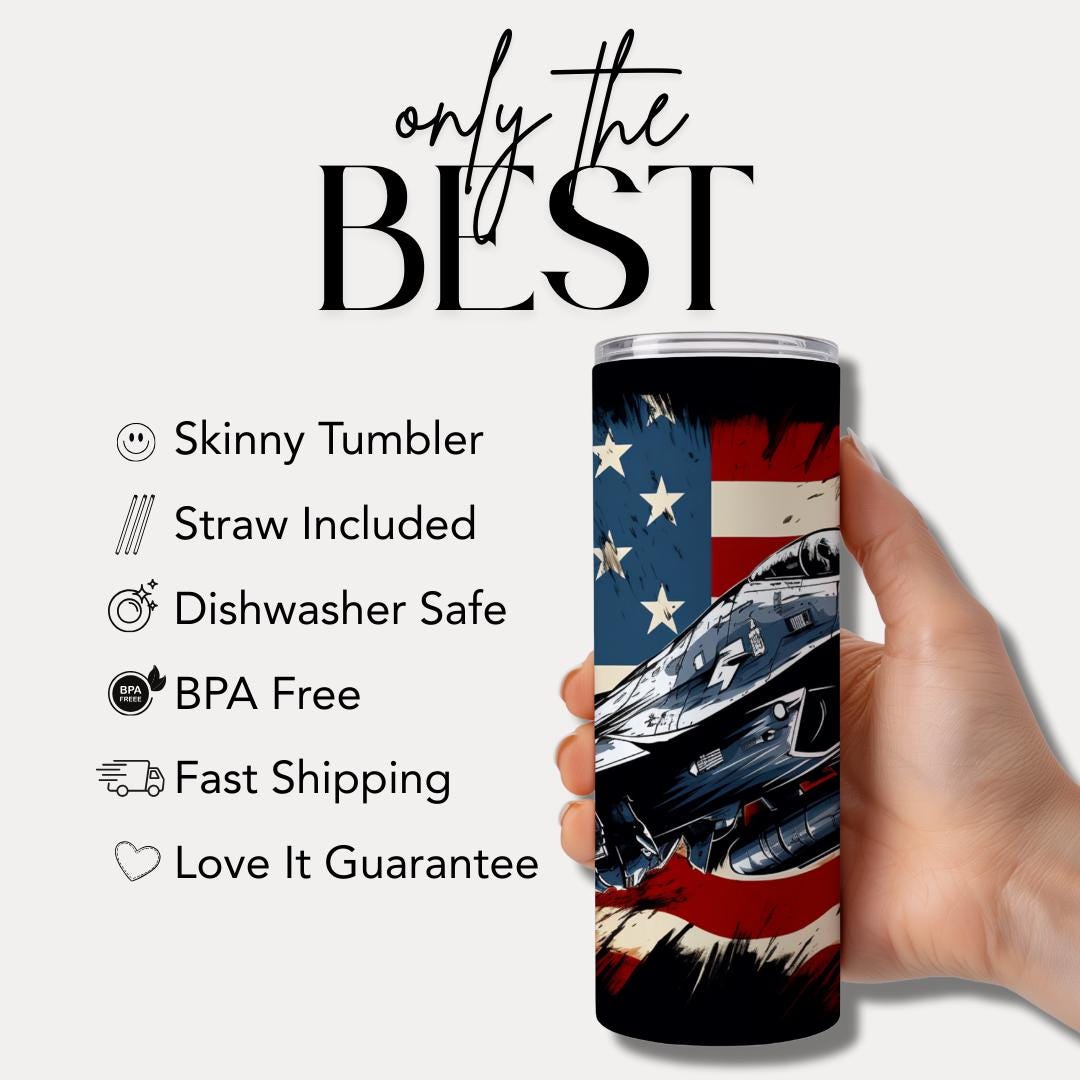 US Fighter Jet Tumbler 20oz Skinny Tumbler American Flag Patriotic Gift for Veterans Air Force American Jet Coffee Mug Gift for Military Dad