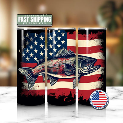 US Patriotic Bass Fishing Tumbler 20oz Skinny Tumbler Outdoorsman Travel Cup American Flag Fish Travel Mug  Fishing Tumbler Gift for Dad