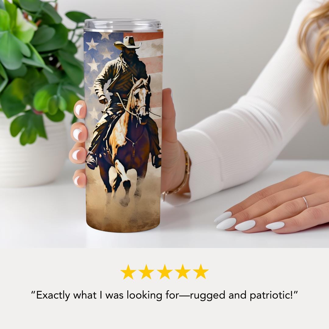 US Cowboy American Flag Tumbler 20oz Skinny Tumbler American Flag Western Horse Rider Mug Rustic Patriotic Gift for Men Country Gift for Dad