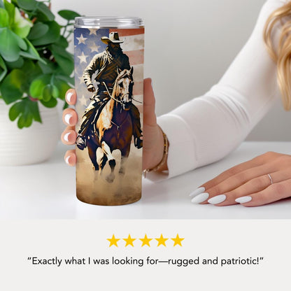 US Cowboy American Flag Tumbler 20oz Skinny Tumbler American Flag Western Horse Rider Mug Rustic Patriotic Gift for Men Country Gift for Dad