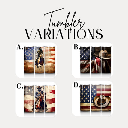 US Cowboy American Flag Tumbler 20oz Skinny Tumbler American Flag Western Horse Rider Mug Rustic Patriotic Gift for Men Country Gift for Dad