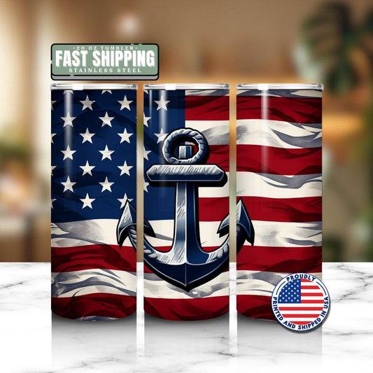 US Patriotic Navy Anchor Tumbler 20oz Skinny Tumbler American Flag Military Gift for Veterans & Sailors Patriotic Tumbler Memorial Day Gift