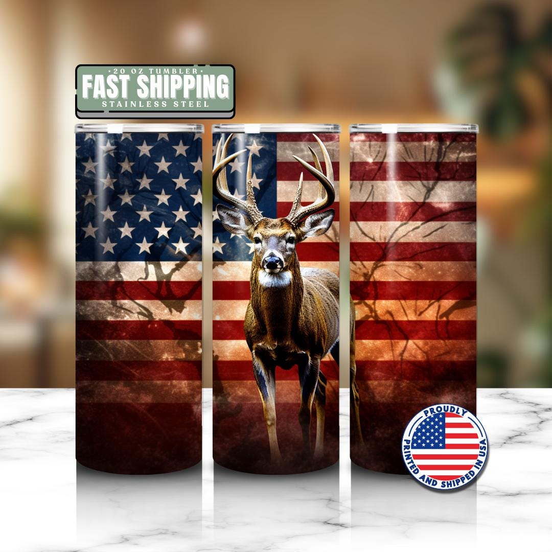 US American Flag Deer Tumbler Hunting Cup Gift Patriotic Gift for Outdoorsmen Gift for Him Patriotic Deer Tumbler Rustic Deer Travel Mug