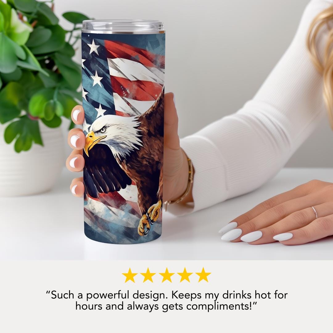 Patriotic US Bald Eagle Tumbler 20oz Skinny Tumbler American Flag Wildlife Drinkware Veteran Gift for Him Military Tumbler 4th of July Cup