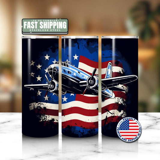 Vintage Airplane Tumbler Patriotic USA Flag Travel Mug 20oz Skinny Tumbler Memorial Day Gift Pilot Veteran Gift for Him American Air Force