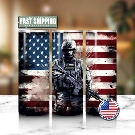 Military Tumbler 20oz Skinny Tumbler American Flag Soldier Design Patriotic Cup Army Navy Air Force Marines USA Hero Drinkware Memorial Day
