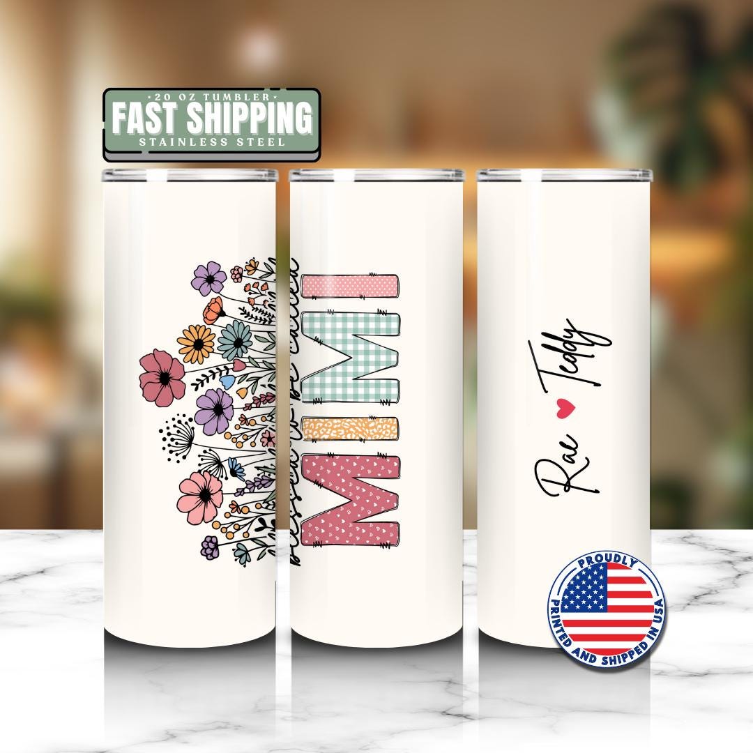 Personalized Mimi 20oz Skinny Tumbler with Straw Cute Gift for Grandma called Mimi, perfect for coffee, travel, Mother’s Day, Birthdays