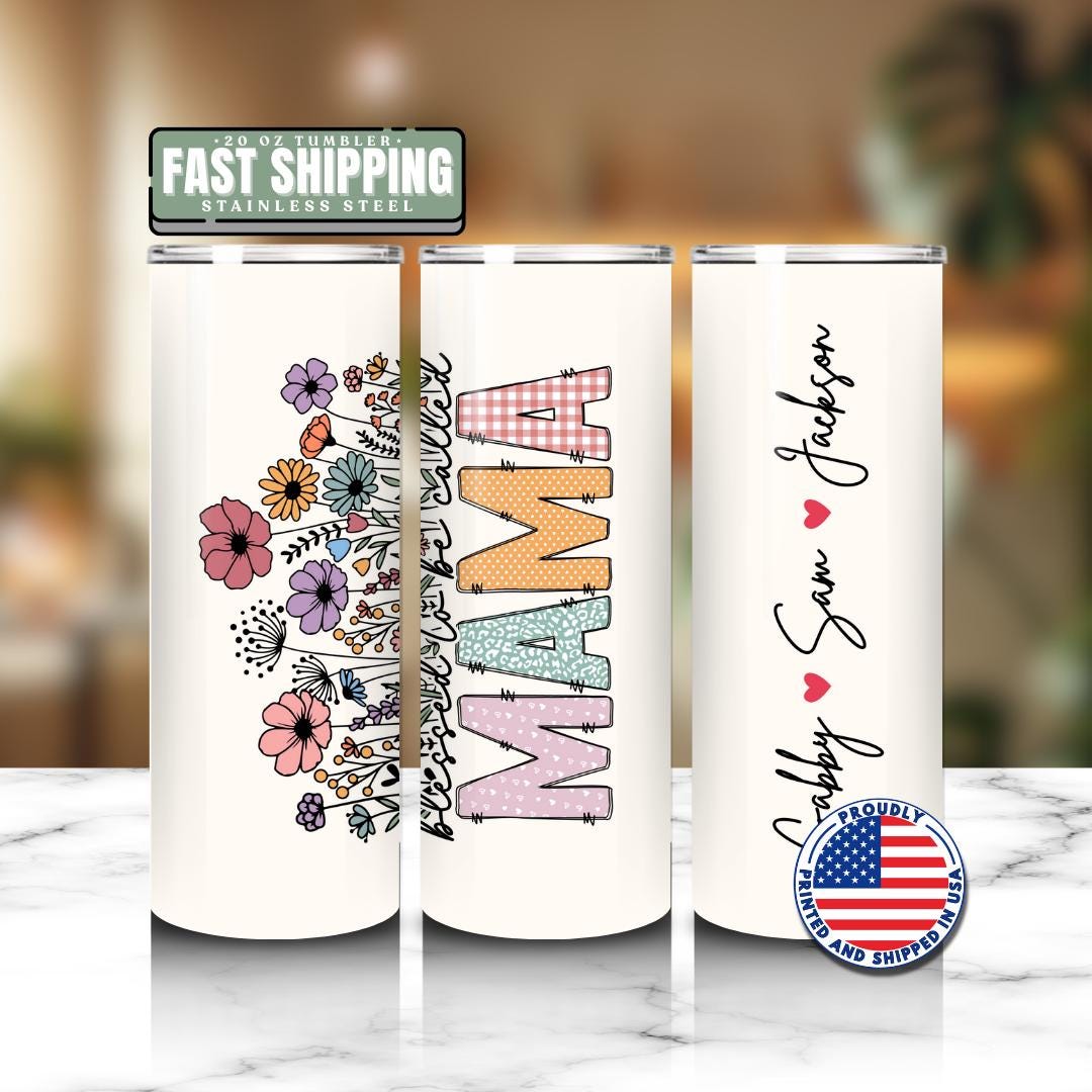 Personalized Mama 20oz Tumbler with Straw Cute custom gift for Mama perfect for coffee travel Mothers Day birthday or daily use.