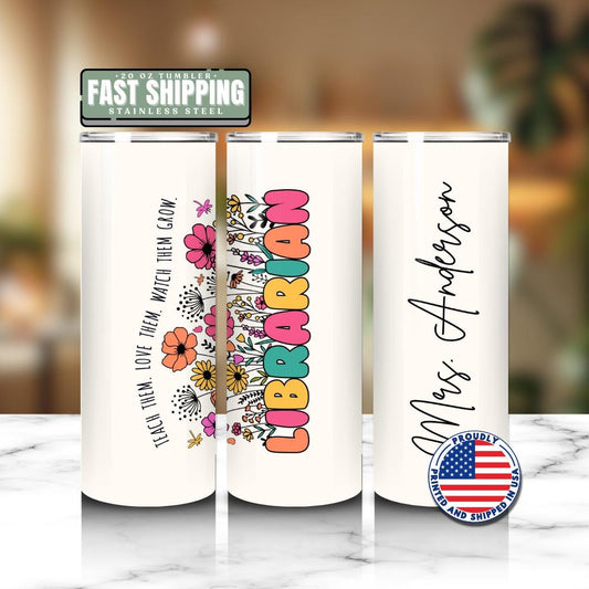 Personalized Librarian 20 oz Skinny Tumbler with Straw Custom Travel Cup Gifts for Librarians Back to School Gift Librarian Tumbler Coffee