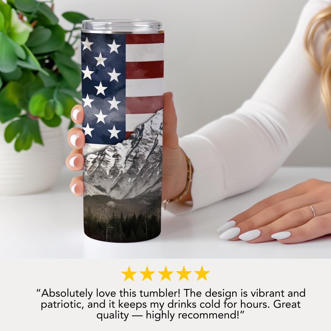 US Patriotic Mountain Tumbler 20oz Skinny Tumbler American Pride Tumbler Veteran Gift Outdoor Drinkware Gift for Veteran 4th of July Gift